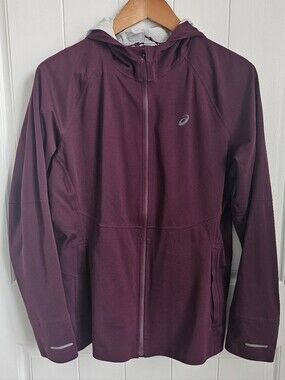 Asics Maroon Lightweight Full Zip Hooded Running Windbreaker Jacket Size L